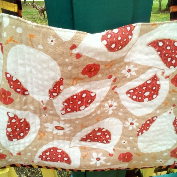 Handmade Tote Chickens  Flowers Striped Handles Polka Dot Lining. 21" X 13" NWOT - Picture 6 of 11
